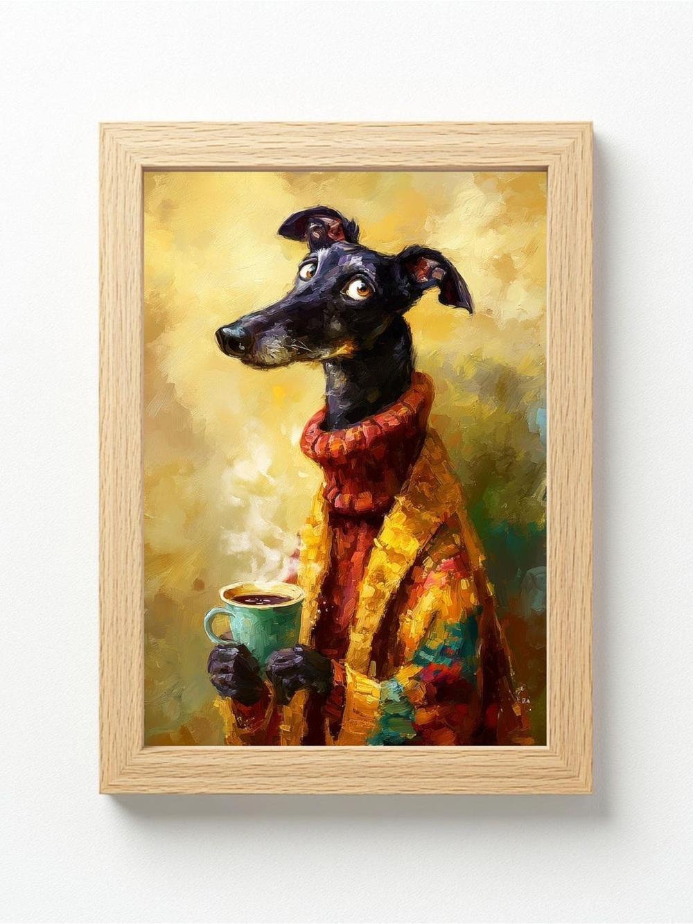 Whimsical Framed 8x10 Black Greyhound Art Print in Yellow and Red Sweater